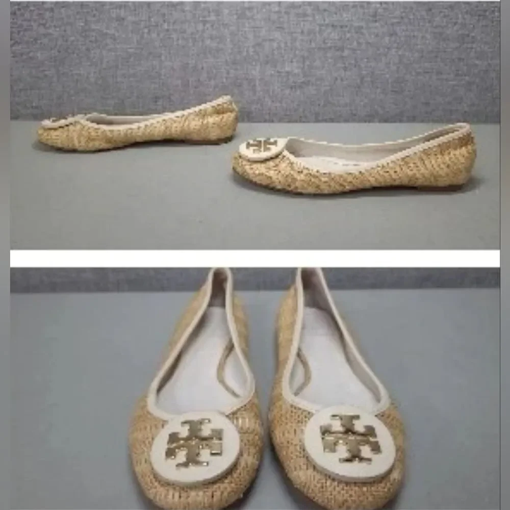 Tory Burch Designer Reva Raffia Straw Beige Tan Ballet Flats 9